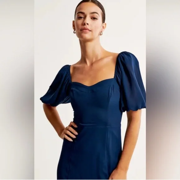 Abercrombie & Fitch Navy Blue Camille Sheer Puff Sleeve MIDI Dress- S - Picture 4 of 10